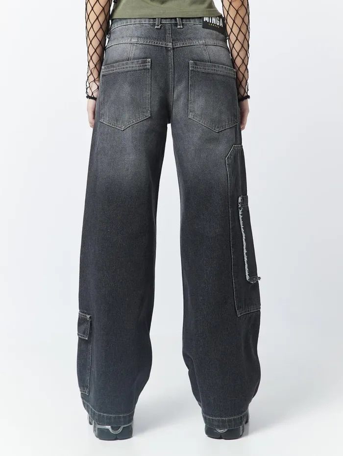 Women Minga London Bottoms Track Black Multi Pocket Overdye Cargo Jeans
