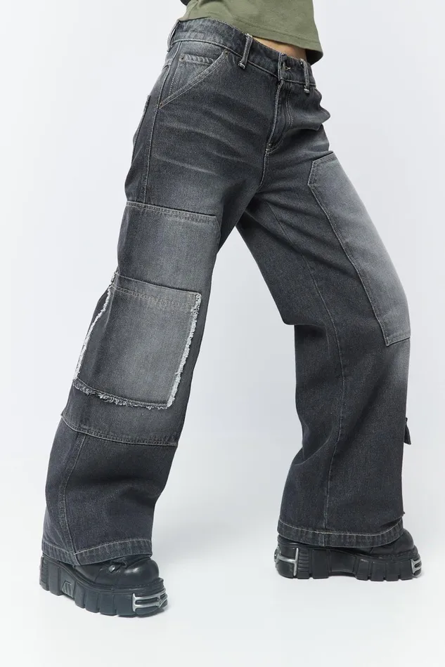 Women Minga London Bottoms Track Black Multi Pocket Overdye Cargo Jeans