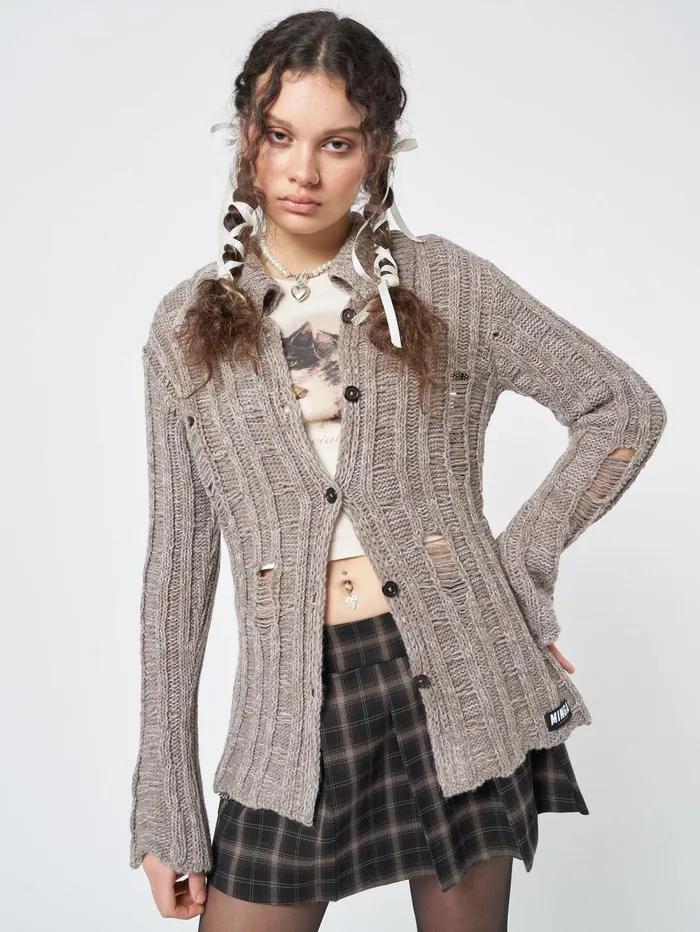 Women Minga London Jackets and Cardigans Gem Sand Distressed Knit Cardigan