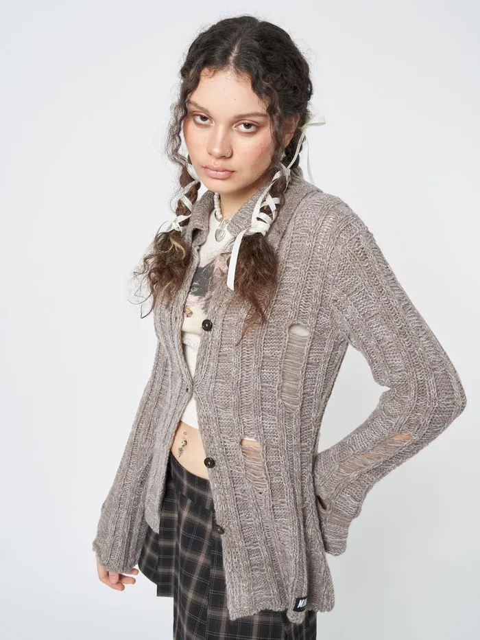 Women Minga London Jackets and Cardigans Gem Sand Distressed Knit Cardigan