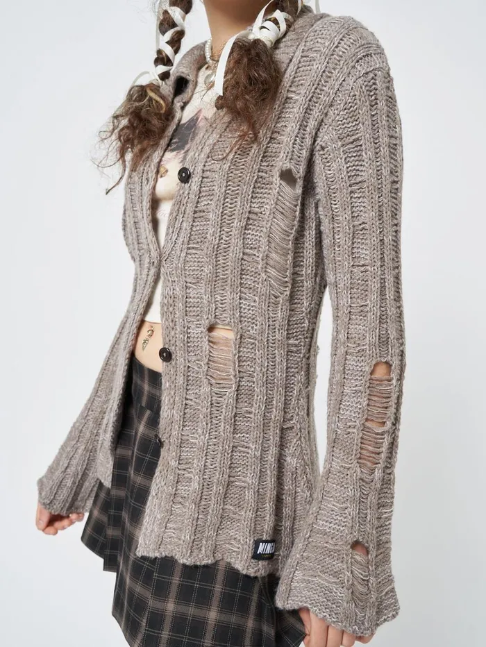 Women Minga London Jackets and Cardigans Gem Sand Distressed Knit Cardigan