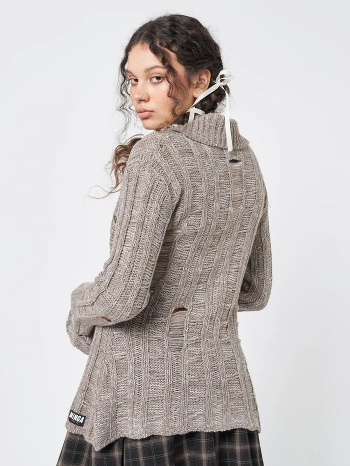 Women Minga London Jackets and Cardigans Gem Sand Distressed Knit Cardigan