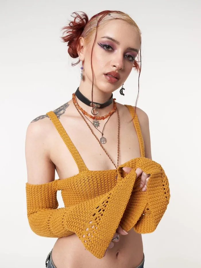 Women Minga London Knitwear Ariel Golden Yellow Knitted Flare Crop Top