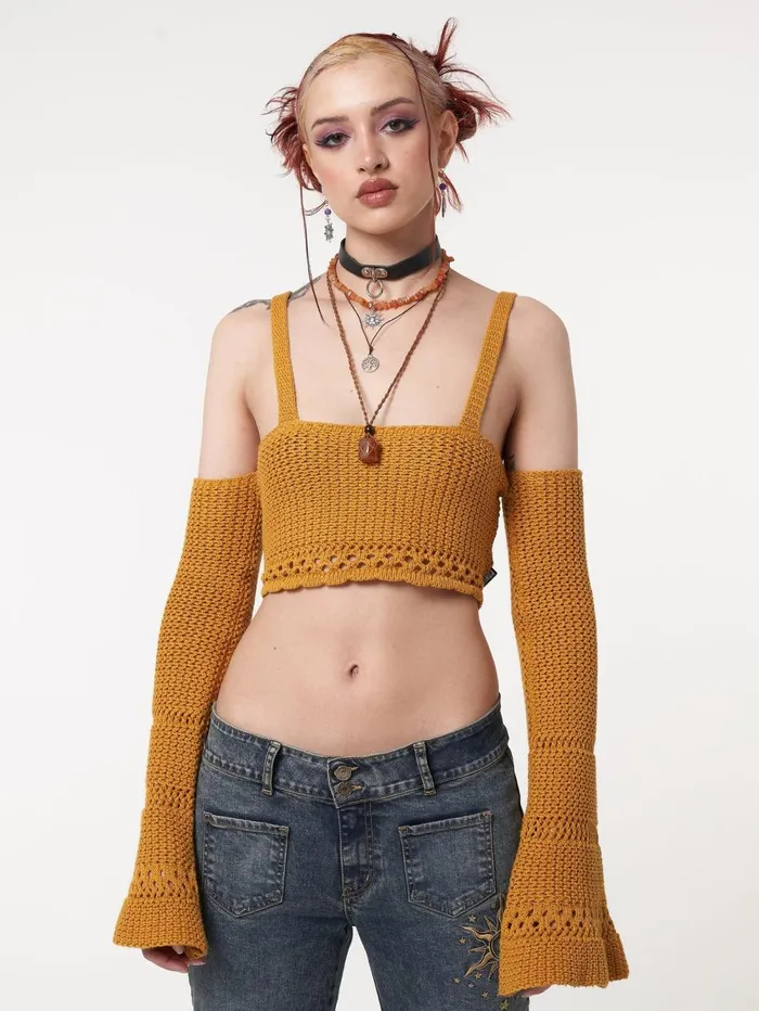 Women Minga London Knitwear Ariel Golden Yellow Knitted Flare Crop Top