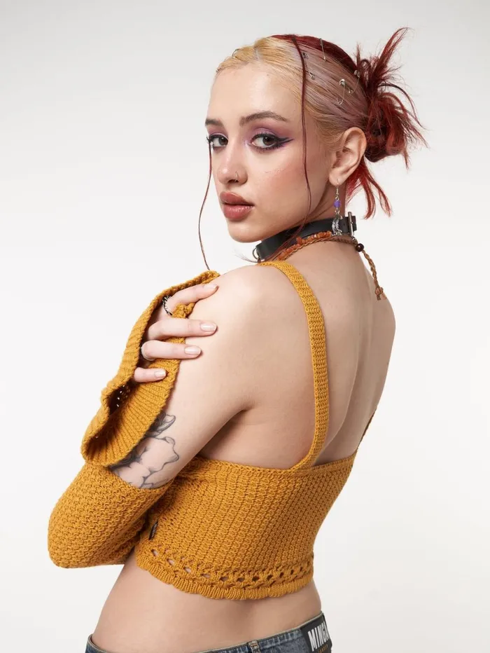 Women Minga London Knitwear Ariel Golden Yellow Knitted Flare Crop Top