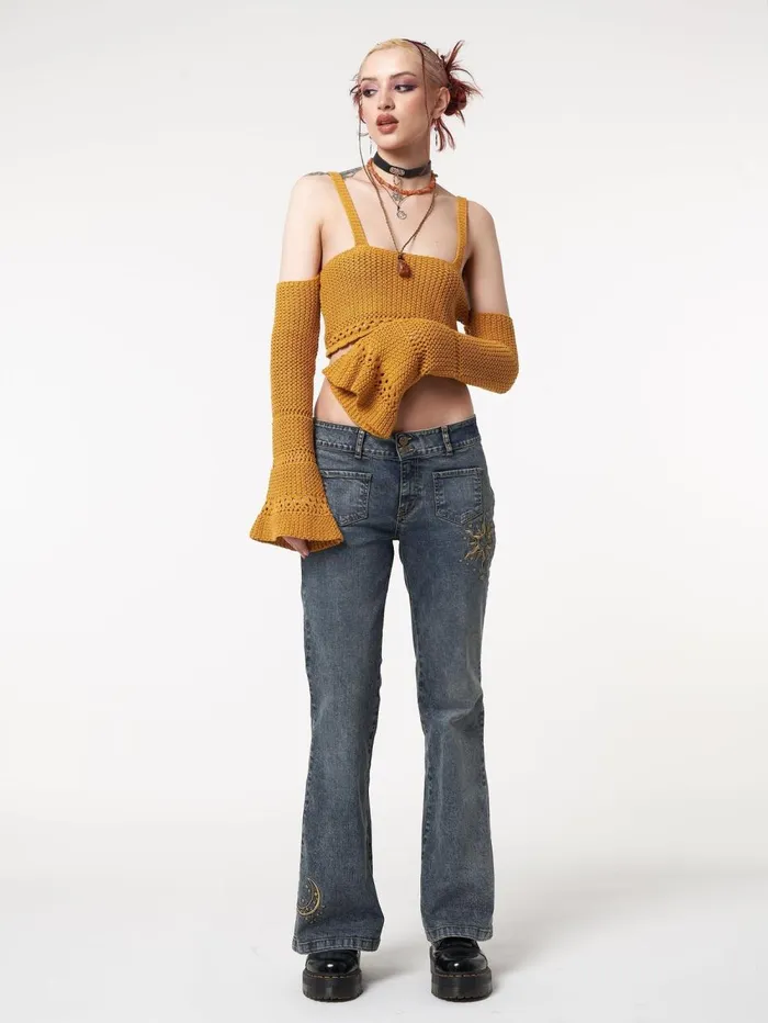 Women Minga London Knitwear Ariel Golden Yellow Knitted Flare Crop Top