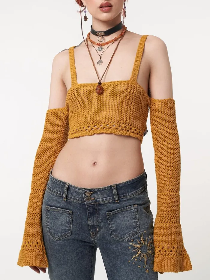 Women Minga London Knitwear Ariel Golden Yellow Knitted Flare Crop Top