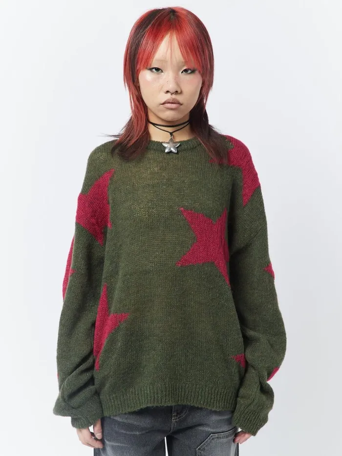 Women Minga London Knitwear Interstellar Star Pink Khaki Knit Sweater