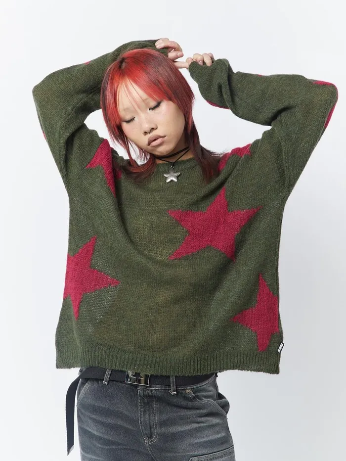 Women Minga London Knitwear Interstellar Star Pink Khaki Knit Sweater