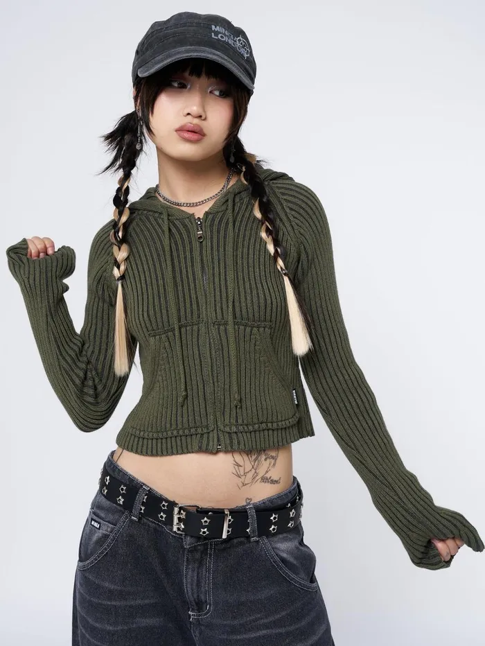 Women Minga London Knitwear Jinx Green Cropped Zip Hoodie Cardigan