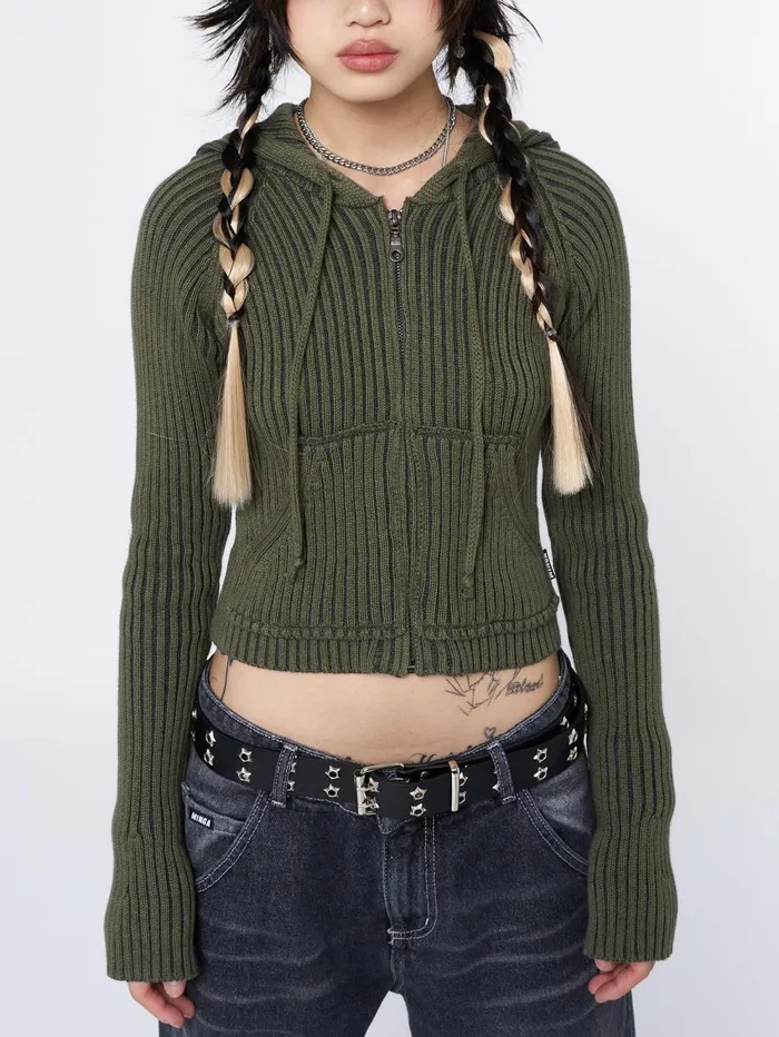 Women Minga London Knitwear Jinx Green Cropped Zip Hoodie Cardigan