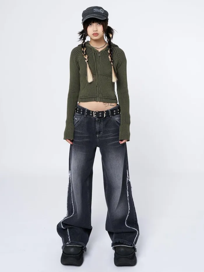 Women Minga London Knitwear Jinx Green Cropped Zip Hoodie Cardigan
