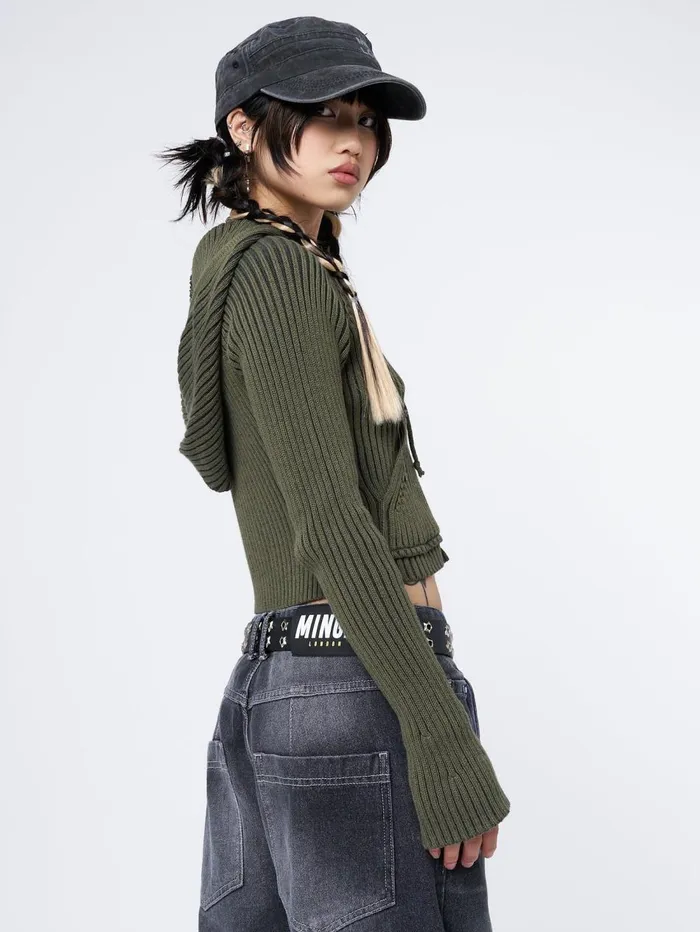 Women Minga London Knitwear Jinx Green Cropped Zip Hoodie Cardigan