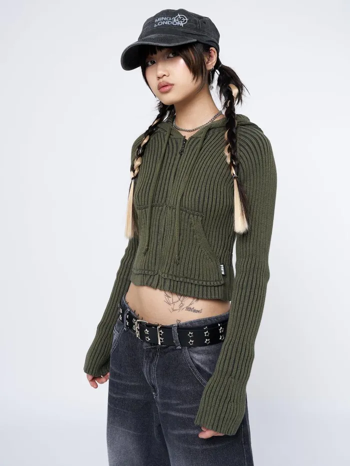 Women Minga London Knitwear Jinx Green Cropped Zip Hoodie Cardigan