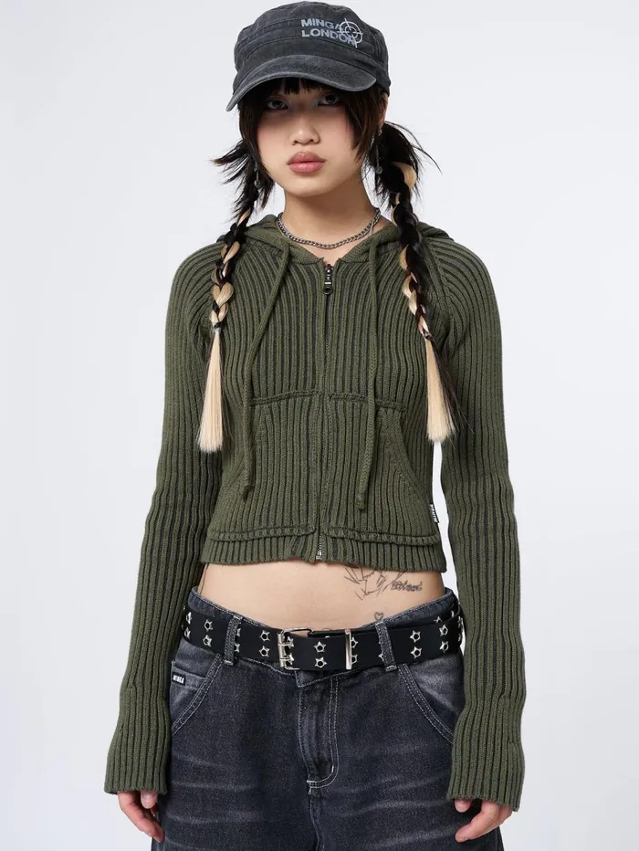 Women Minga London Knitwear Jinx Green Cropped Zip Hoodie Cardigan