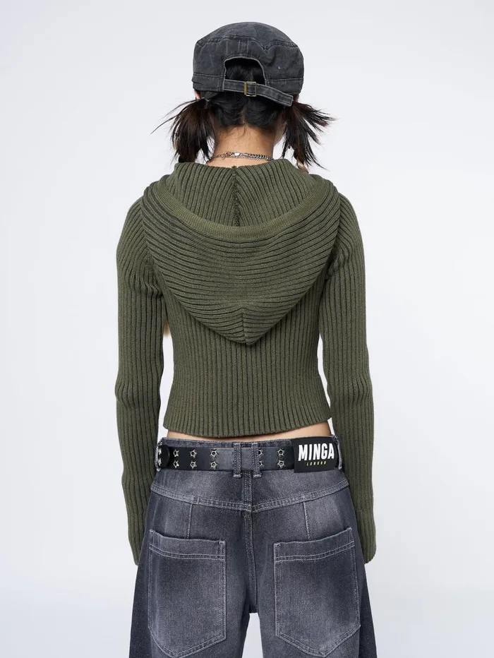 Women Minga London Knitwear Jinx Green Cropped Zip Hoodie Cardigan