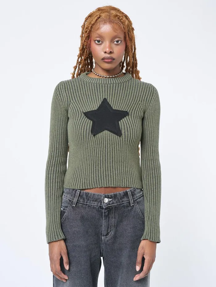 Women Minga London Knitwear Star Green Chunky Knit Jumper
