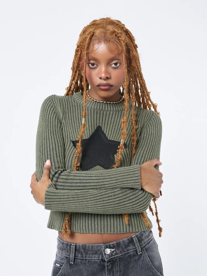 Women Minga London Knitwear Star Green Chunky Knit Jumper