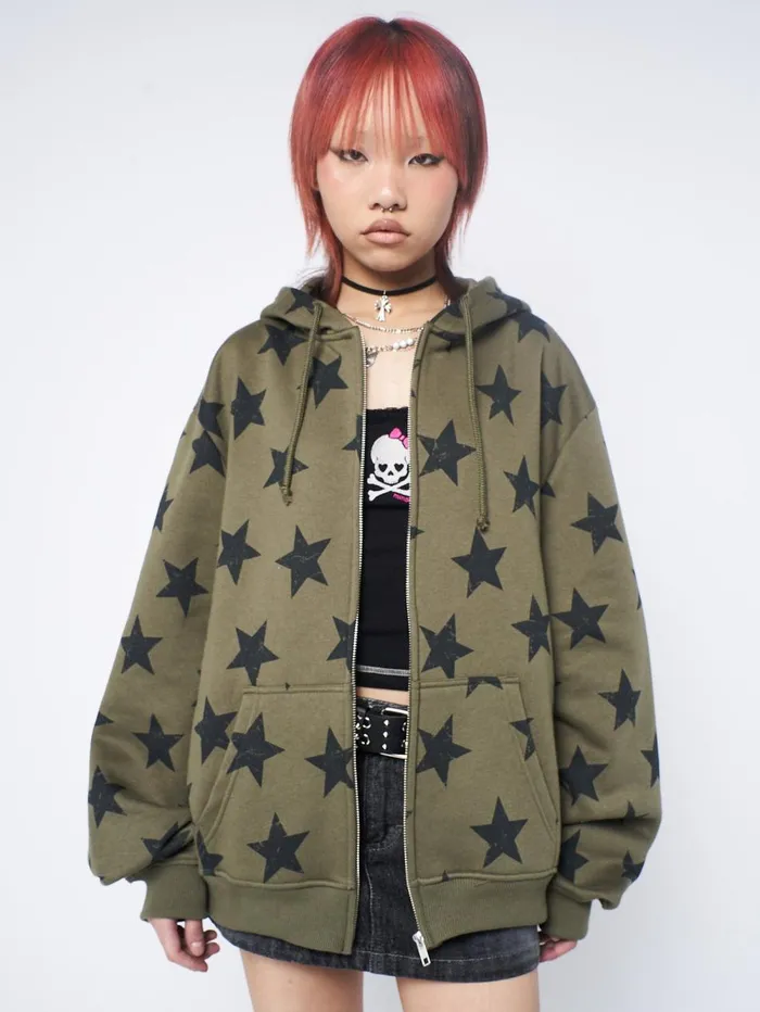 Women Minga London Sweaters and Hoodies Star Print Green Zip Up Hoodie