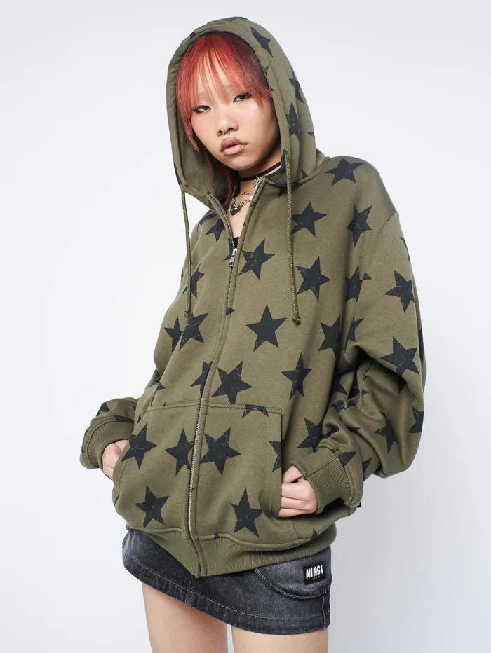 Women Minga London Sweaters and Hoodies Star Print Green Zip Up Hoodie