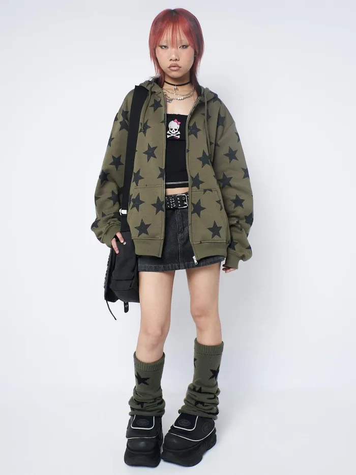 Women Minga London Sweaters and Hoodies Star Print Green Zip Up Hoodie