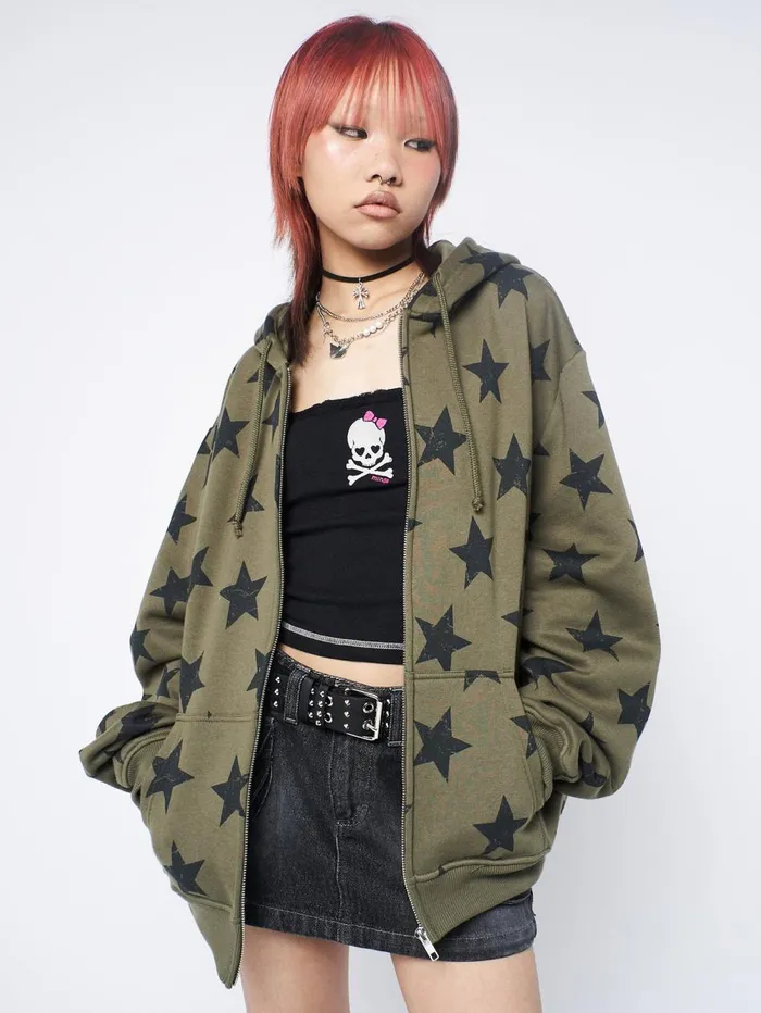 Women Minga London Sweaters and Hoodies Star Print Green Zip Up Hoodie