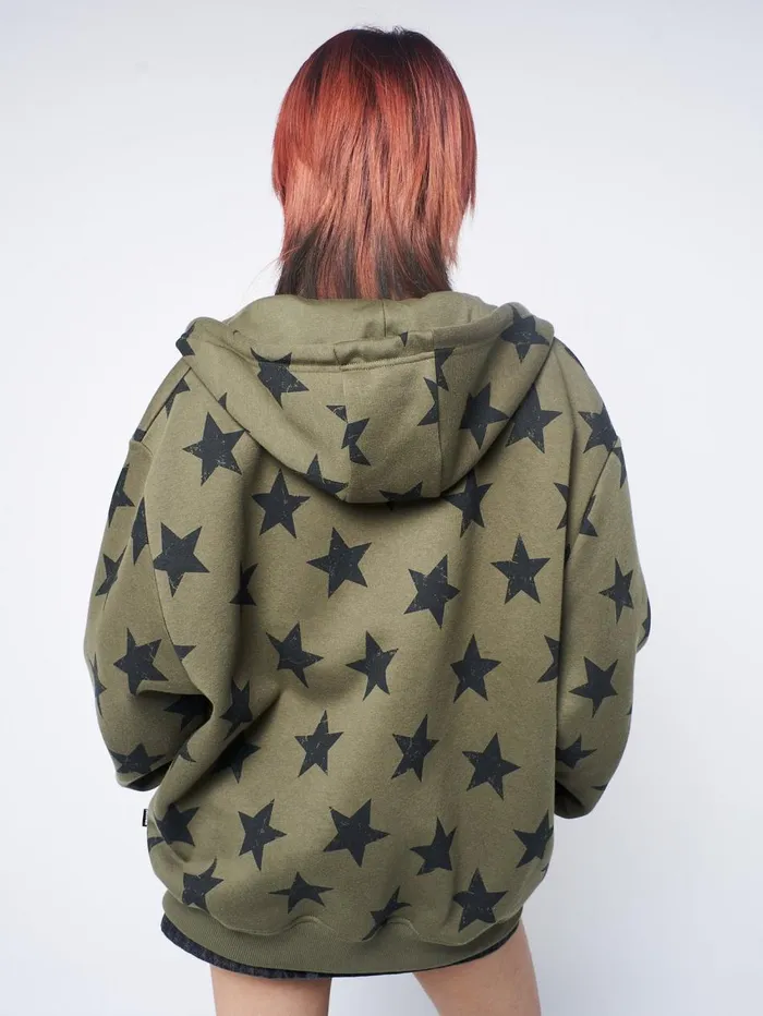 Women Minga London Sweaters and Hoodies Star Print Green Zip Up Hoodie
