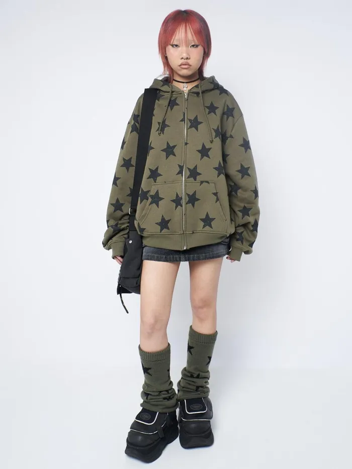 Women Minga London Sweaters and Hoodies Star Print Green Zip Up Hoodie