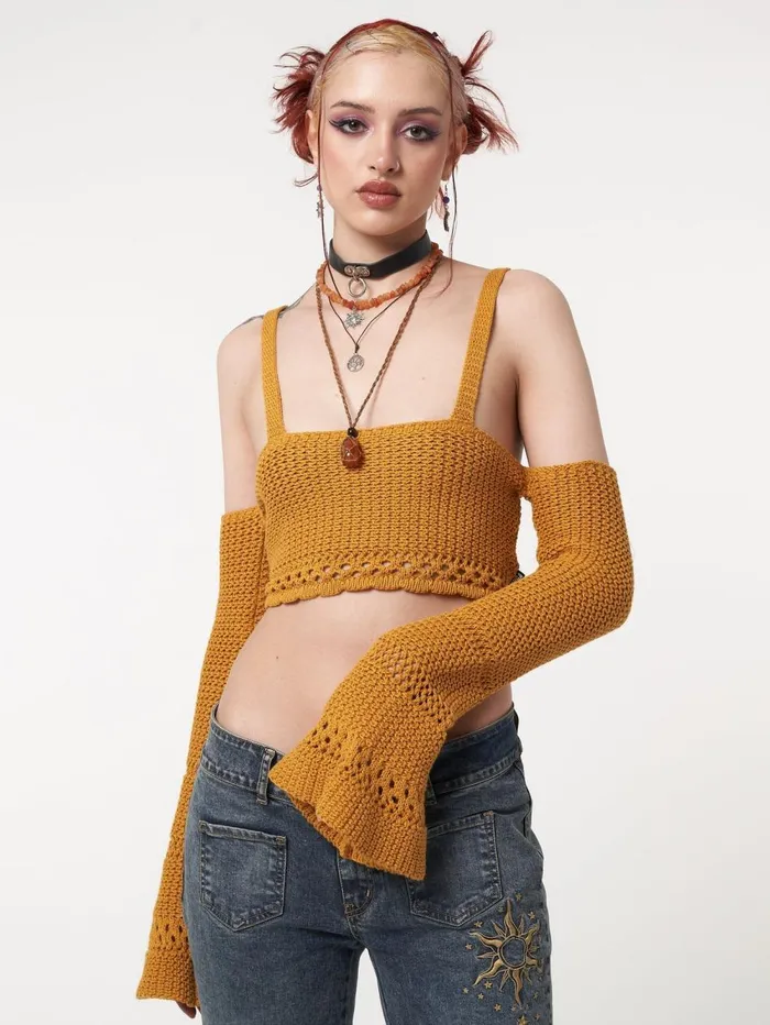 Women Minga London Tops and TShirts Ariel Golden Yellow Knitted Flare Crop Top Women Minga London Tops and TShirts Ariel Golden Yellow Knitted Flare Crop Top