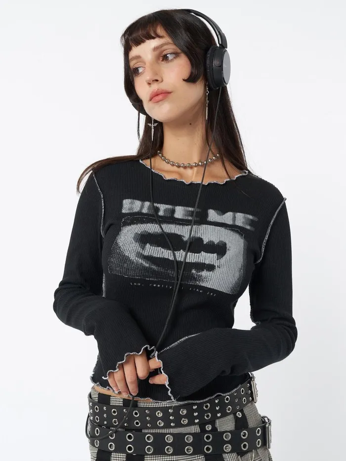 Women Minga London Tops and TShirts Bite Me Black Rib Top