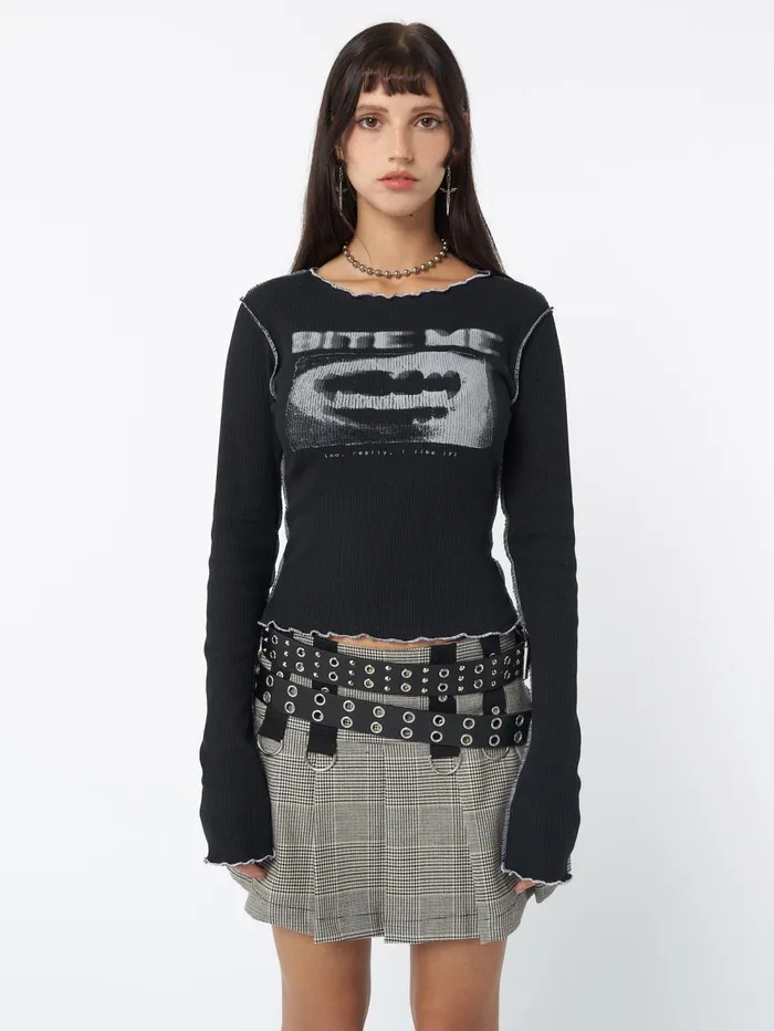Women Minga London Tops and TShirts Bite Me Black Rib Top