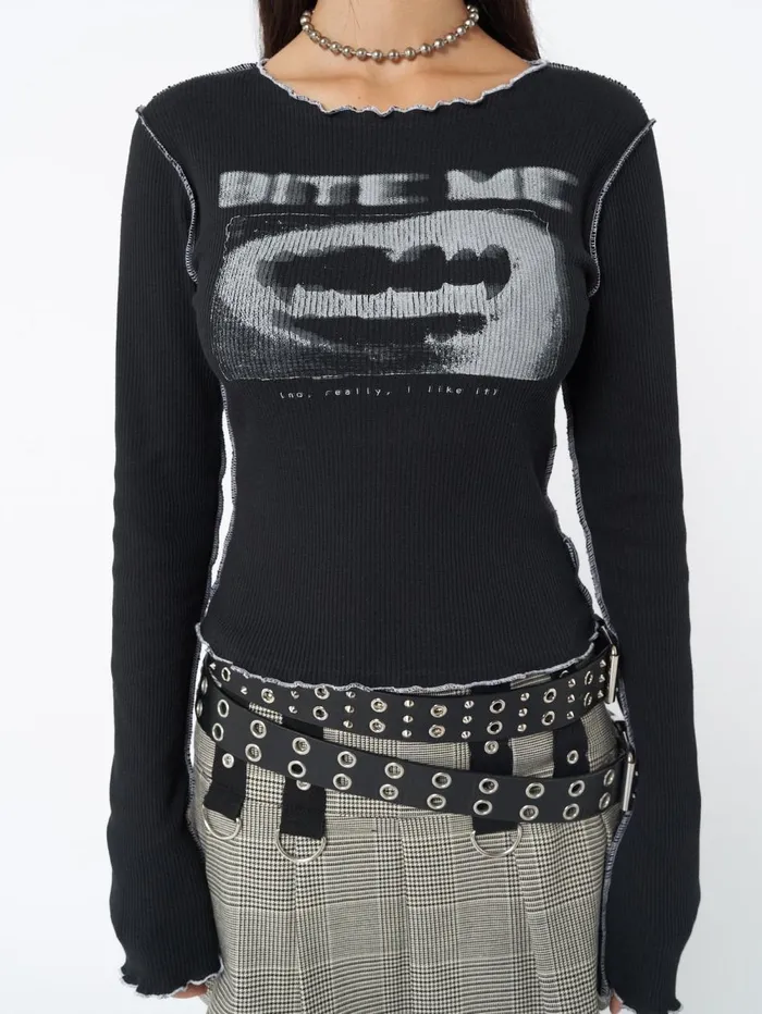 Women Minga London Tops and TShirts Bite Me Black Rib Top
