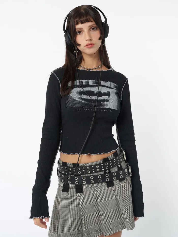 Women Minga London Tops and TShirts Bite Me Black Rib Top