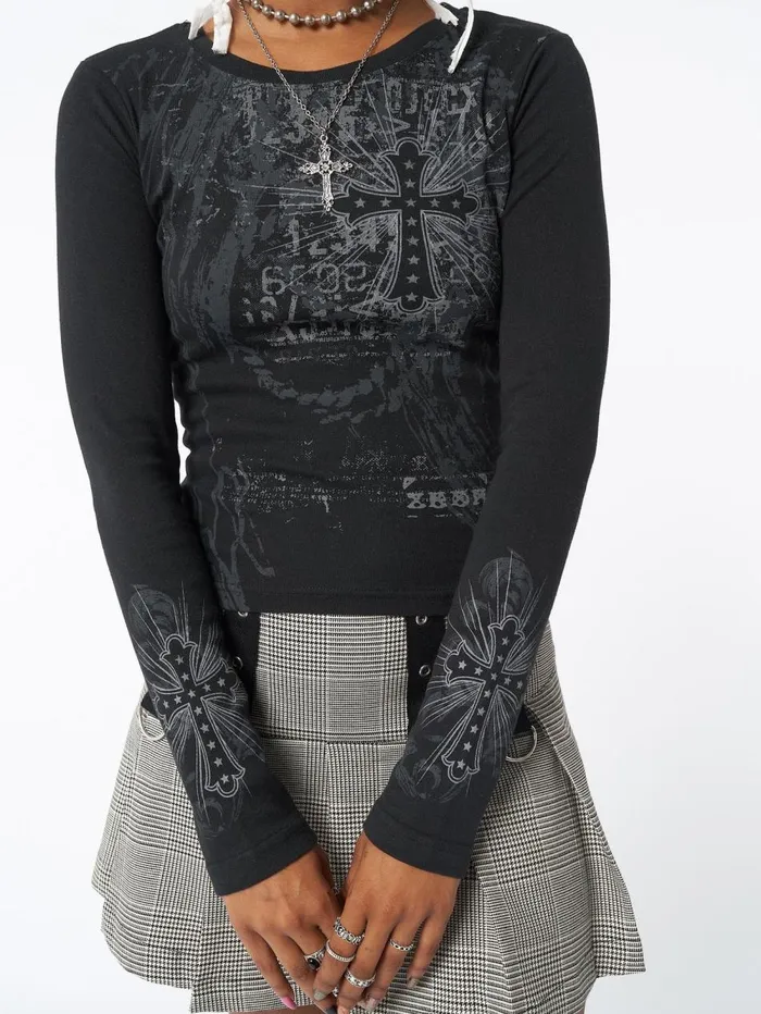 Women Minga London Tops and TShirts Cross Me Black Graphic Top