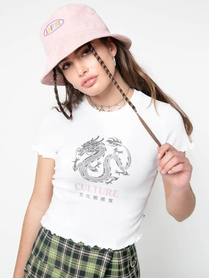 Women Minga London Tops and TShirts Culture Chinese Dragon Lettuce Edge Baby Tee Women Minga London Tops and TShirts Culture Chinese Dragon Lettuce Edge Baby Tee