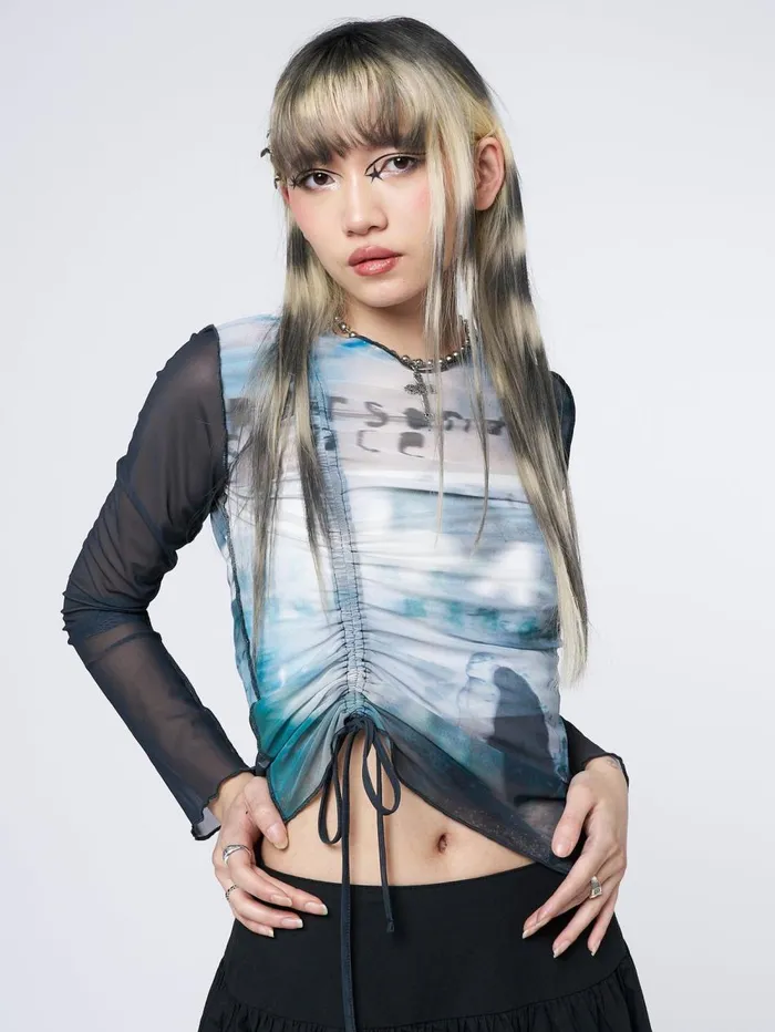 Women Minga London Tops and TShirts Echos Printed Mesh Ruched Tie Top