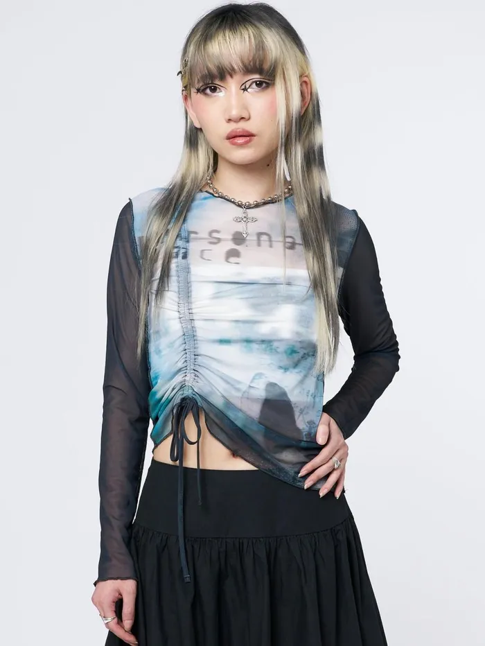 Women Minga London Tops and TShirts Echos Printed Mesh Ruched Tie Top