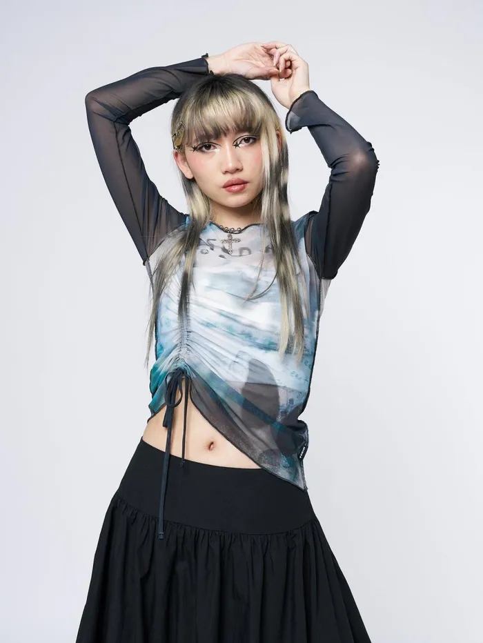 Women Minga London Tops and TShirts Echos Printed Mesh Ruched Tie Top