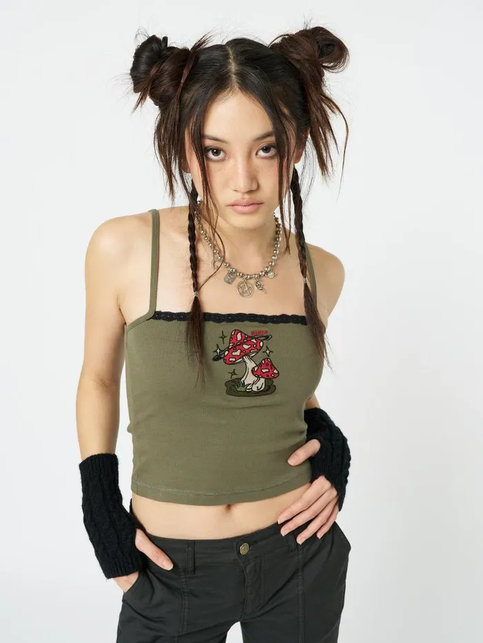 Women Minga London Tops and TShirts Enoki Mushroom Dark Khaki Cami Top