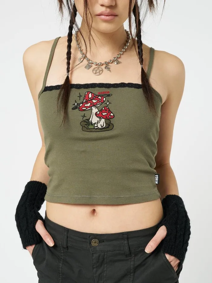 Women Minga London Tops and TShirts Enoki Mushroom Dark Khaki Cami Top
