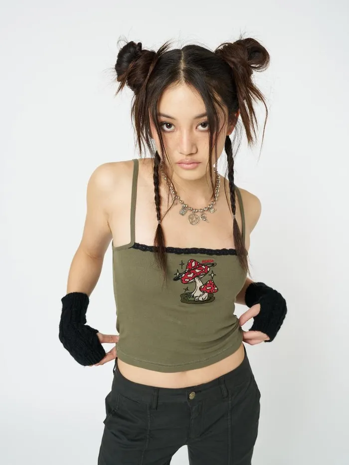 Women Minga London Tops and TShirts Enoki Mushroom Dark Khaki Cami Top