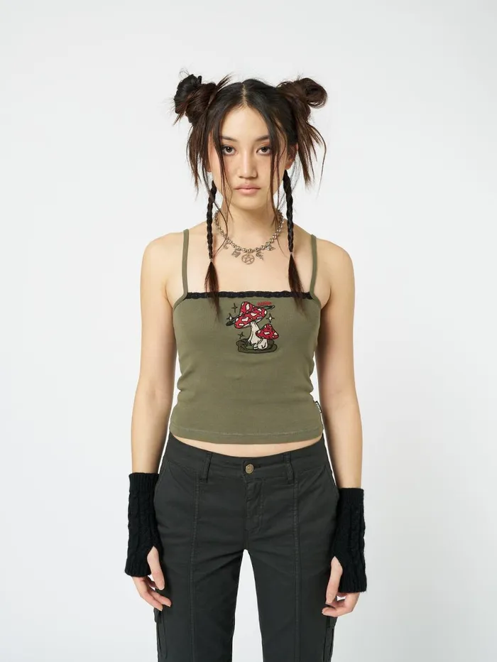 Women Minga London Tops and TShirts Enoki Mushroom Dark Khaki Cami Top