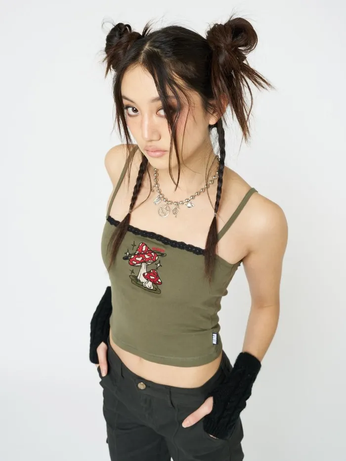 Women Minga London Tops and TShirts Enoki Mushroom Dark Khaki Cami Top