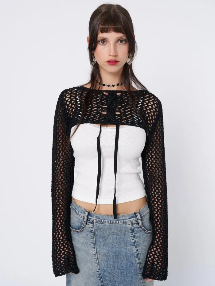 Women Minga London Tops and TShirts Ramona Black Lace Up Knitted Shrug