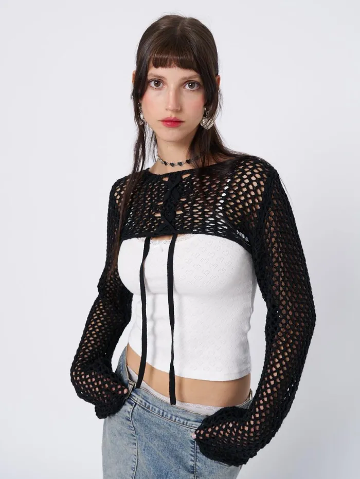 Women Minga London Tops and TShirts Ramona Black Lace Up Knitted Shrug