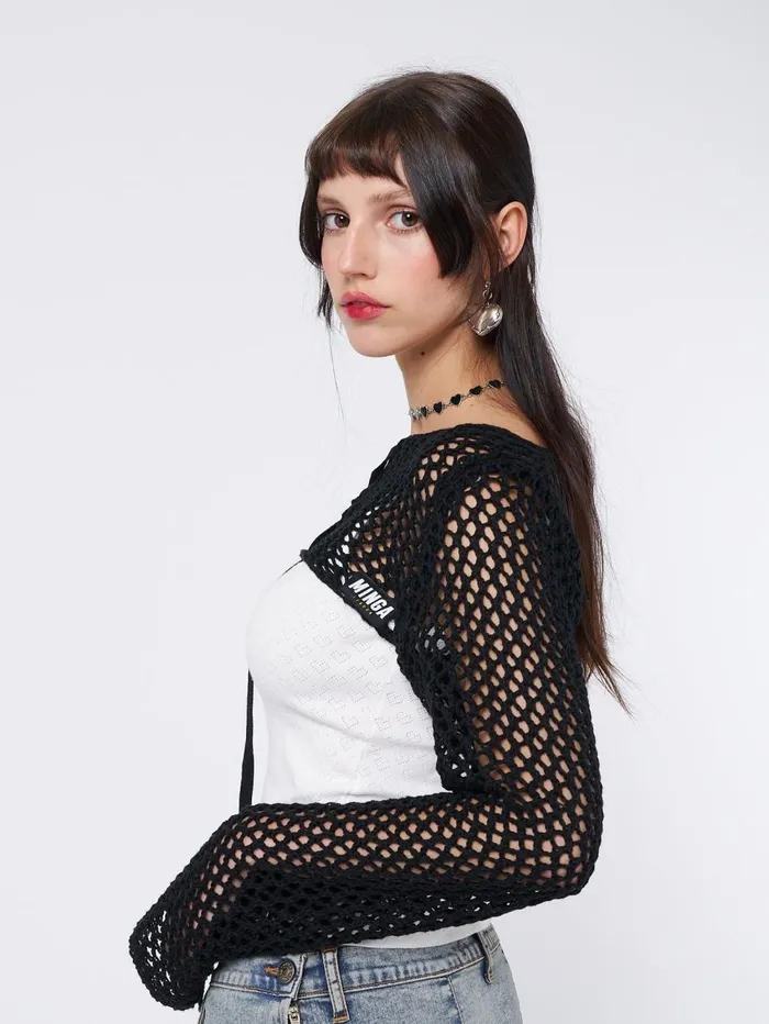 Women Minga London Tops and TShirts Ramona Black Lace Up Knitted Shrug