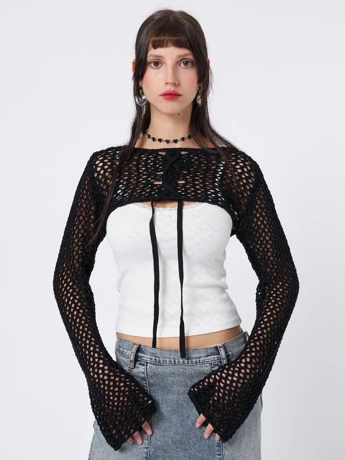 Women Minga London Tops and TShirts Ramona Black Lace Up Knitted Shrug