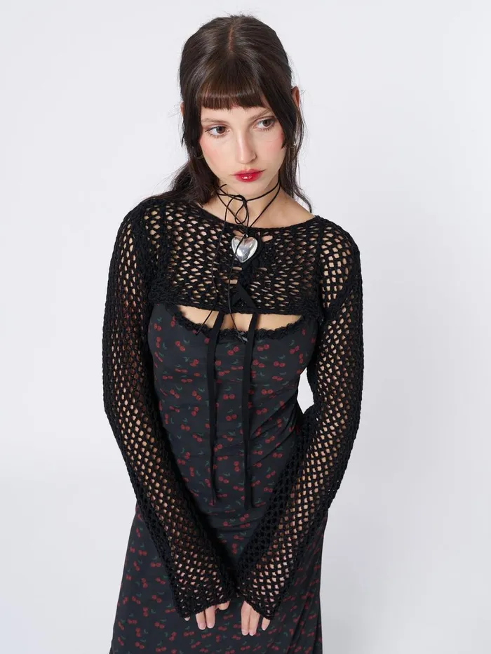 Women Minga London Tops and TShirts Ramona Black Lace Up Knitted Shrug