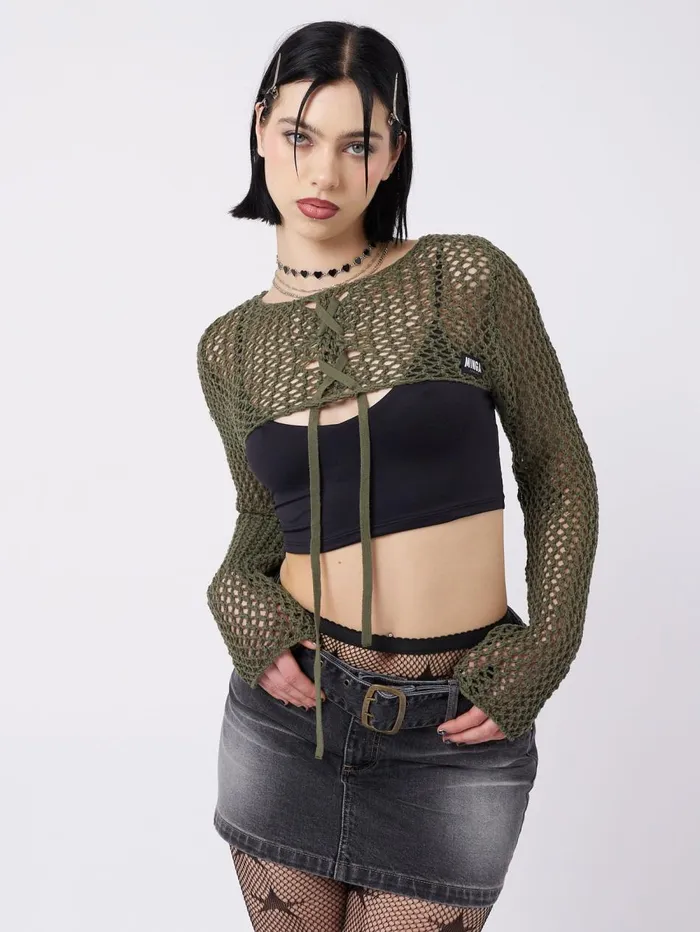 Women Minga London Tops and TShirts Ramona Green Lace Up Knitted Shrug