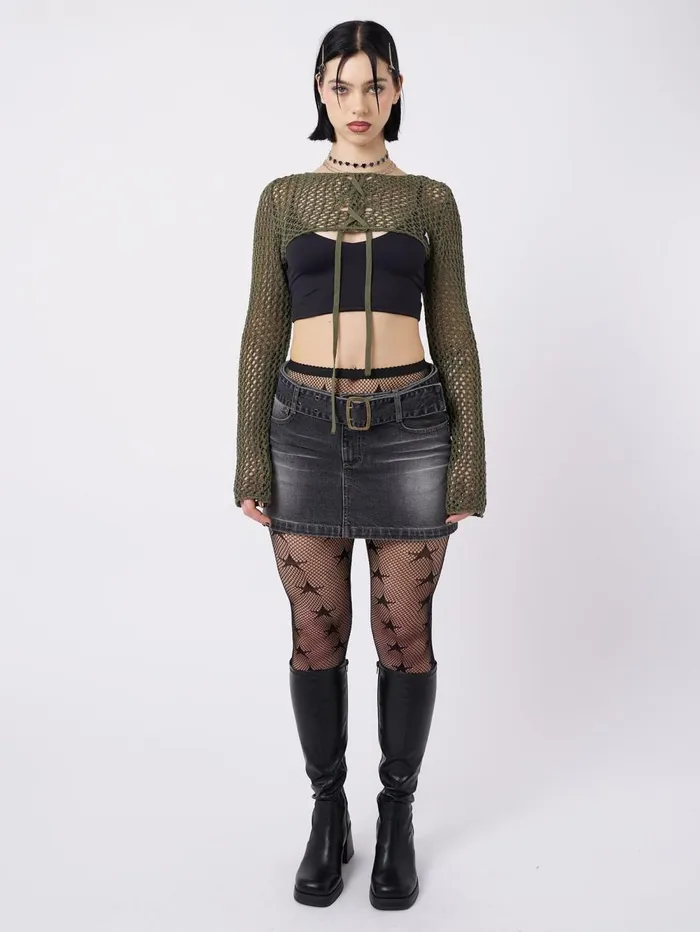 Women Minga London Tops and TShirts Ramona Green Lace Up Knitted Shrug